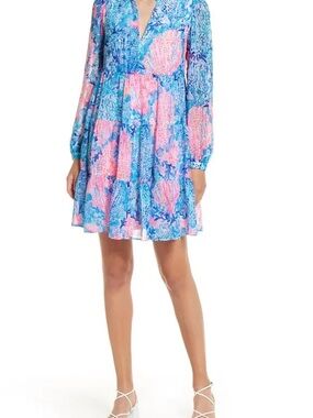 NWOT Lilly Pulitzer Sarita Silk Metallic Swing Dress-Blue, Pink & Coral Floral